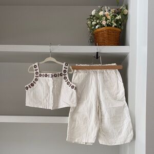 Cream Embroidered Two-Piece Crop Top + Shorts Set